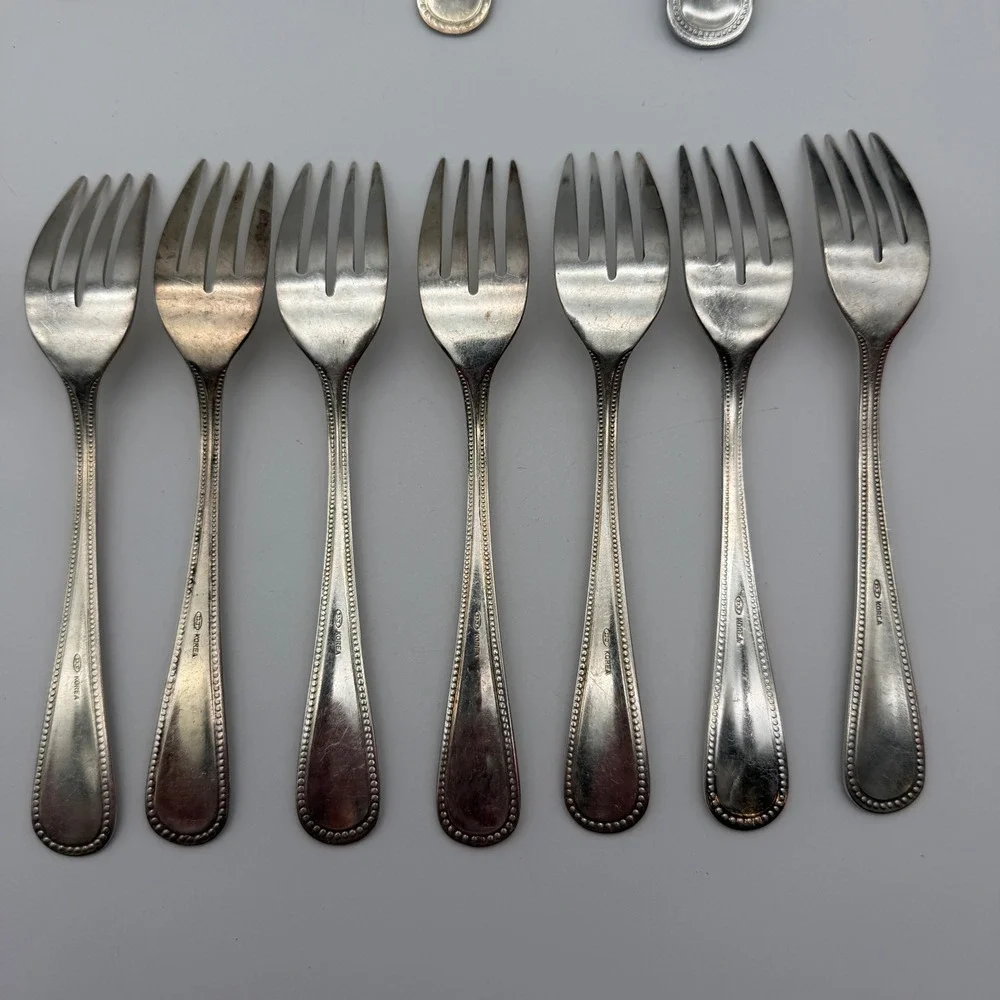 International Silver Stainless Flatware Set 27pc Beaded Pattern Korea Glossy